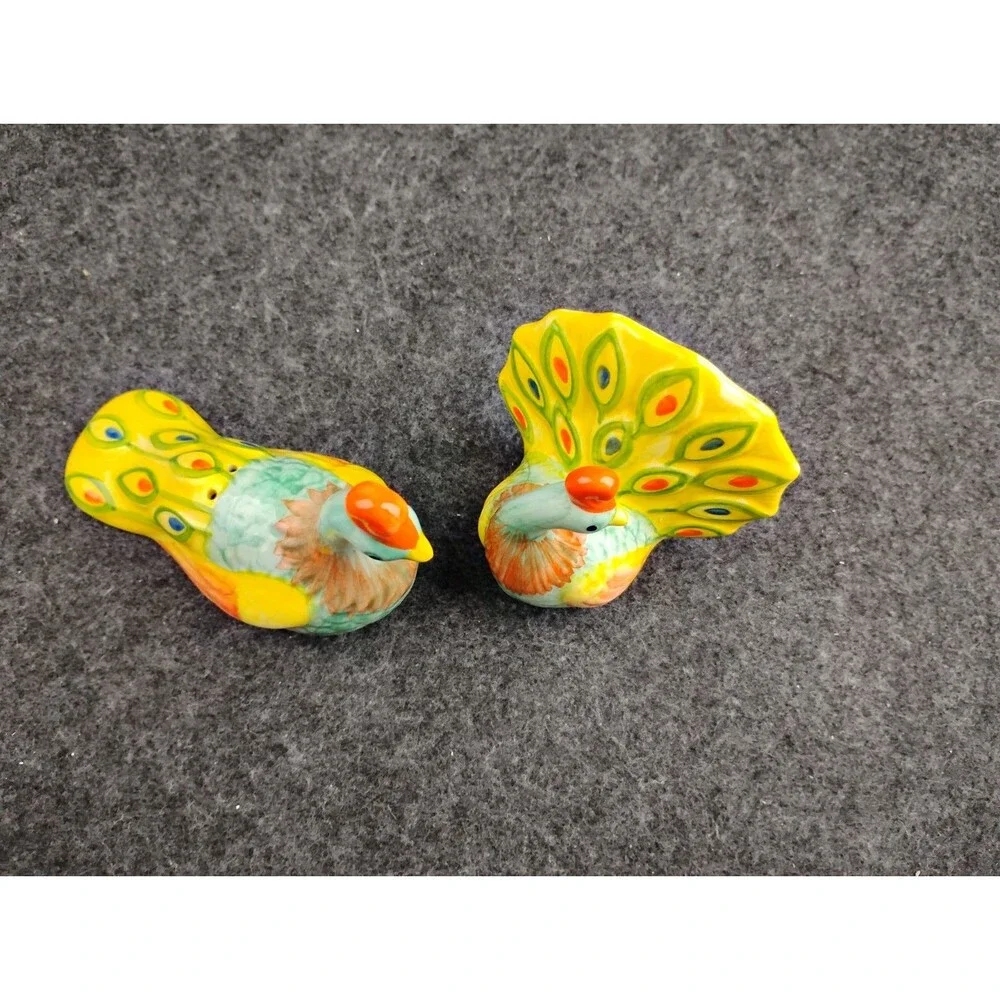 Pier 1 Peacock Salt and Pepper Shakers Colorful Ceramic Set